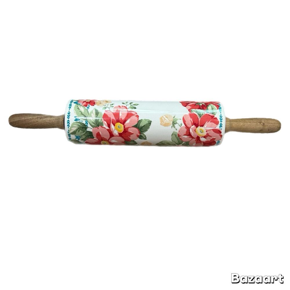 Preowned The Pioneer Woman Vintage Floral Rolling Pin Ceramic Wooden Handles